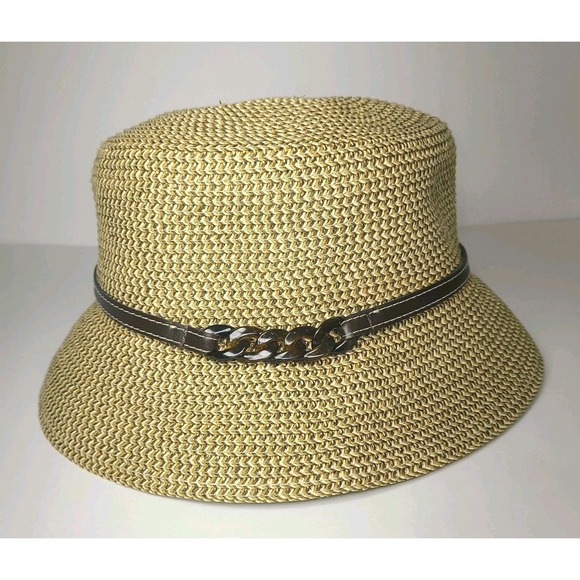 Nine West Accessories - Nine West Straw Bucket Hat Womens Tan Brown Chain Faux Leather Band One Size